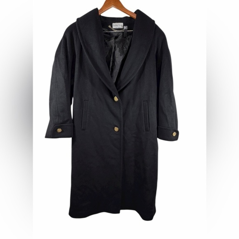 Ashley Scott Black 100% Wool Long Coat Gold Buttons Made in USA XL vintage